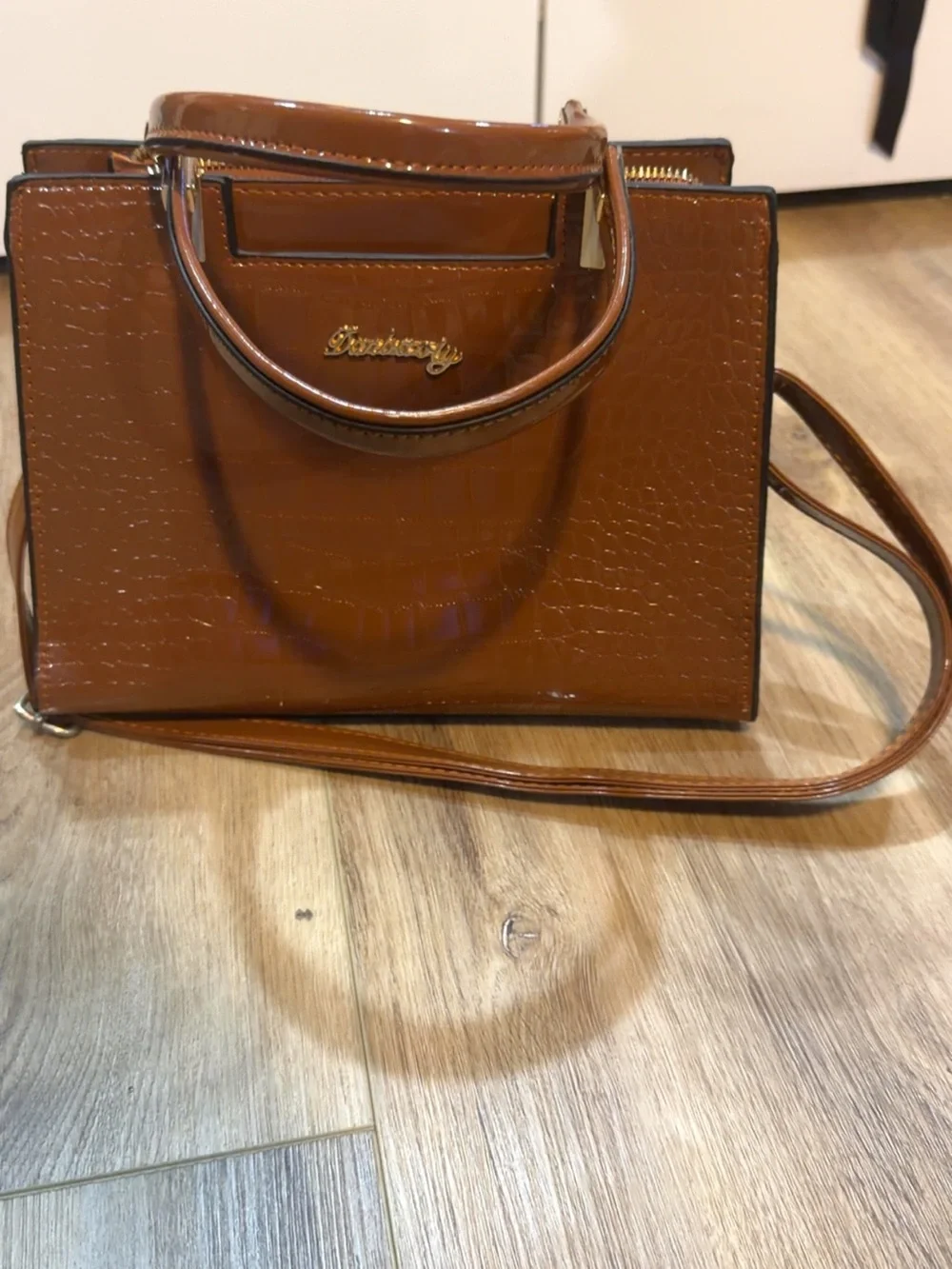 Cognac Faux Croc Patent Leather Top Handle Satchel Bag